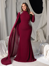 Plus Long-Sleeve High-Neck Mermaid Gown with Rhinestones & Transparent Cape Drape